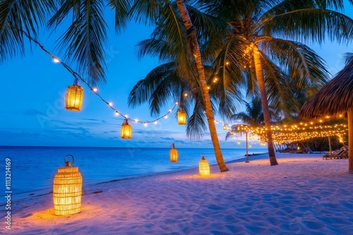 Tropical Beach Evening with Lanterns and Palm Trees Under a Starry Sky