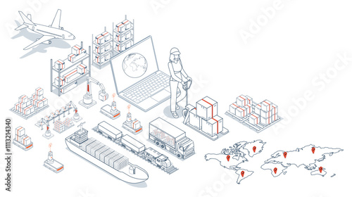 Logistics and delivery bridge the supply chain, managing goods from source to customer. It efficiently handles inventory, warehousing, transportation, and order fulfillment. Vector illustration eps10