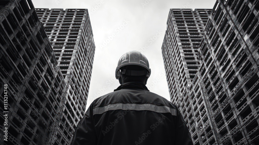 Fototapeta premium Construction worker looking up at tall buildings.