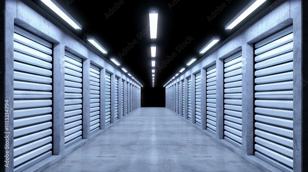Fototapeta premium Empty storage unit corridor with bright lights