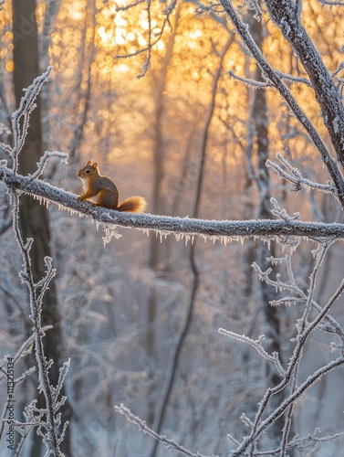 Frosty Morning Encounter with a Squirrel on a Branch Amidst a Winter Landscape of Sparkling Ice and Glowing Sunrise in the Background