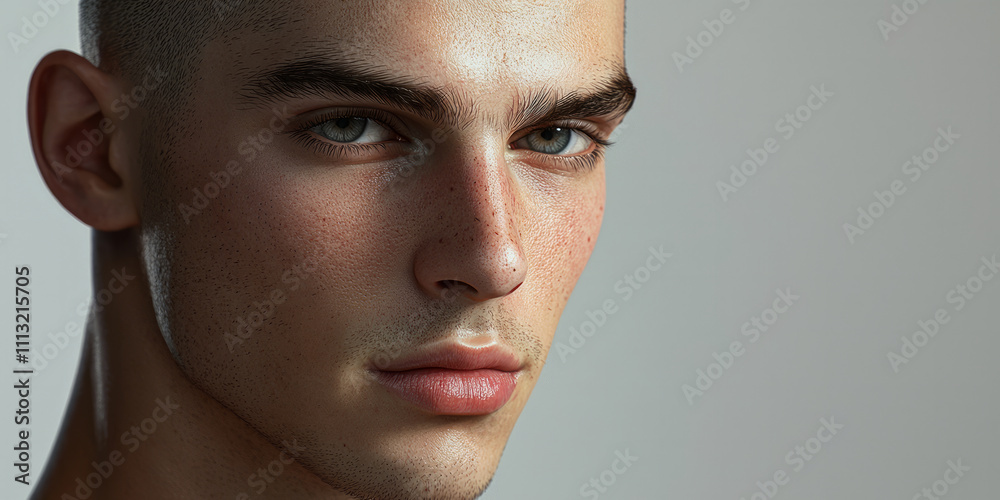 Obraz premium Handsome man with a buzz cut hairstyle, set against a light gray background, generative AI