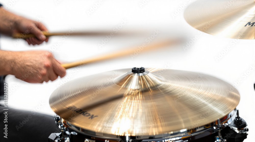 Obraz premium Dynamic Photograph of a Drummer Playing Cymbals in Action with Drumsticks Blurring Motion
