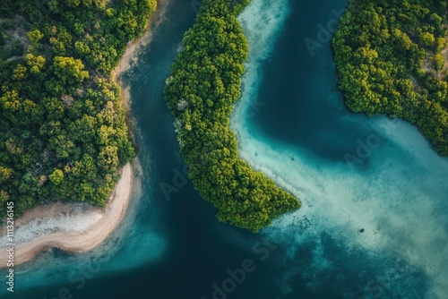Aerial view of lush green islands and turquoise water. photo