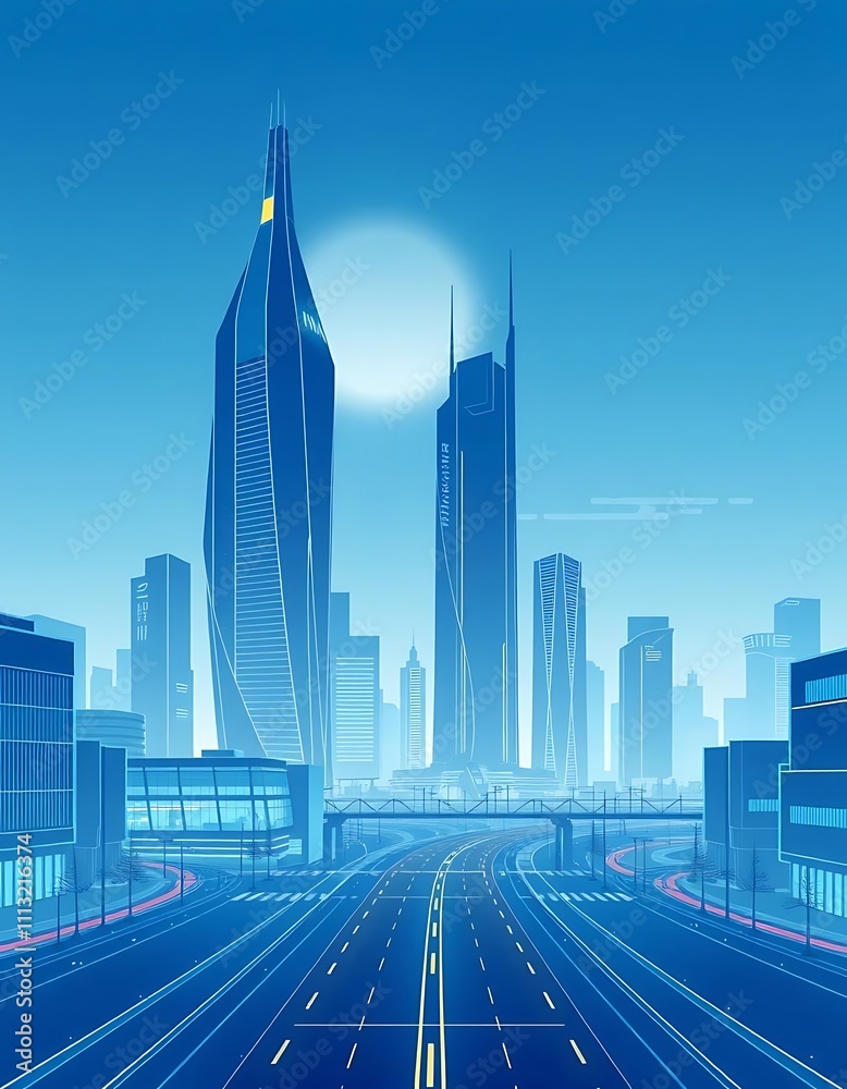 Fototapeta premium A serene futuristic cityscape of tomorrow, bathed in a soft blue twilight sky with a subtle ethereal glow