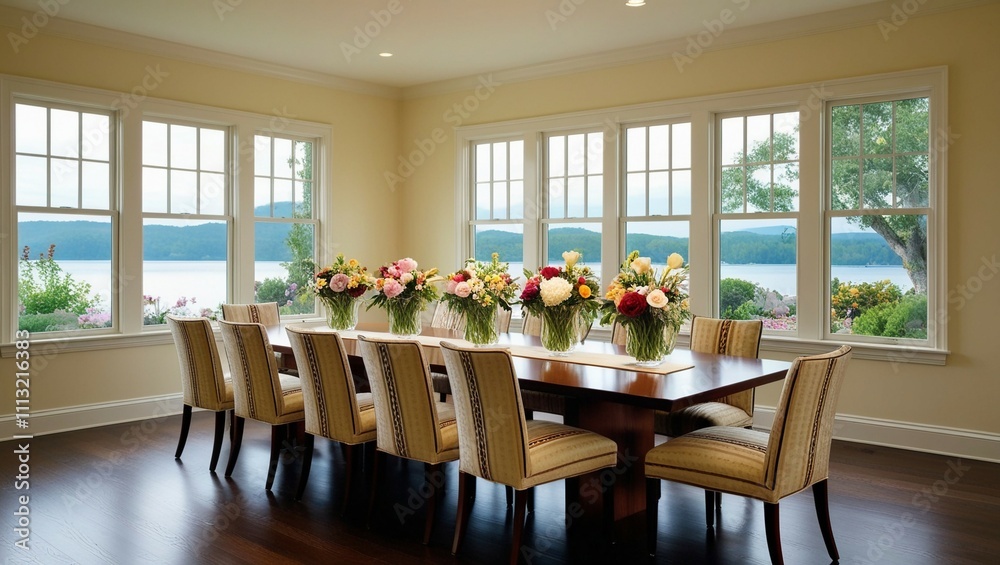 Fototapeta premium eight-seat dining room with lovely views and flower vases on the table
