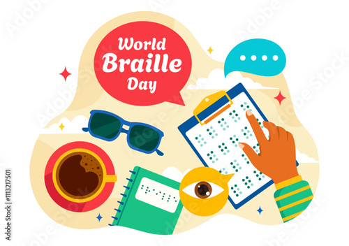 World Braille Day Vector Illustration Celebrating January 4th, Featuring Braille Alphabet as a Means of Communication in a Flat Cartoon Background