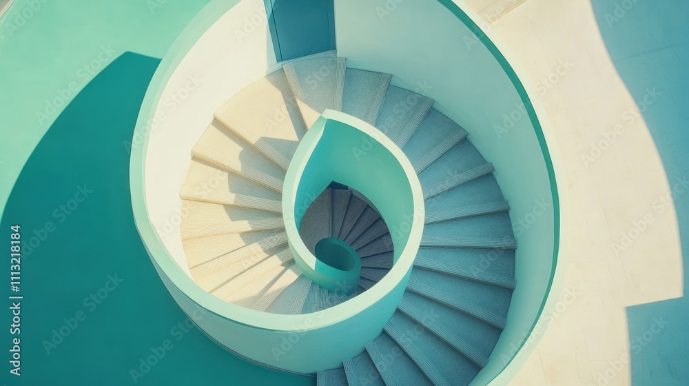 Fototapeta premium Spiral staircase, teal and cream, modern, architectural, design, interior, exterior, perspective, upward, winding, spiral, steps, concrete, light, shadow