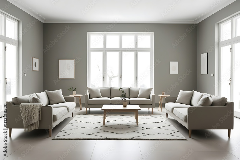 Fototapeta premium Modern living room with beige sofas, rug, coffee table, and large windows.