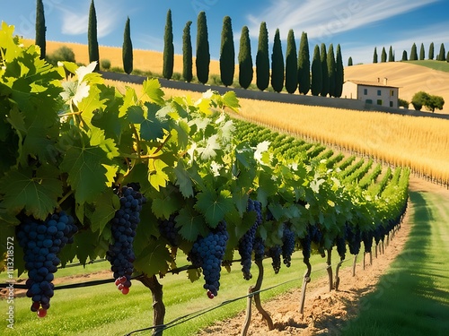 Tuscan Vineyard Rolling Hills Cypress Trees Grapes photo