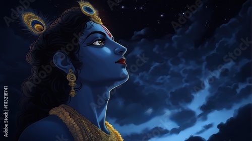Lord Krishna portrait looks up at night sky. Religious figure with dark blue skin and golden jewelry. Artistic representation of Hindu deity. Mystical spiritual art piece.