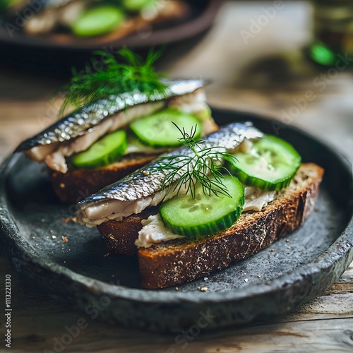 close-up of an open-faced sandwich with canned mackerel, herring, cucumber slices, and a sprig of dill on dark rye bread; served on a stoneware plate, authentic Nordic aesthetic photo