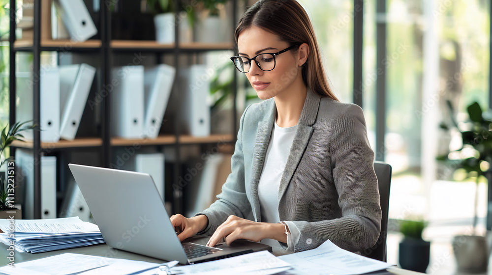 Fototapeta premium Professional woman in glasses working on a laptop in a modern office with documents and shelves in the background. Business and productivity concept