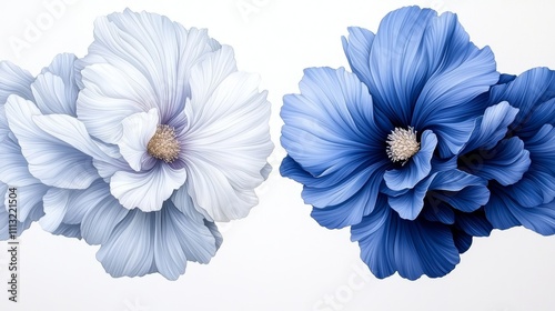 A digital illustration of elegant blue and white flowers with intricate petal details.