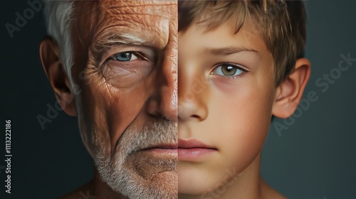 A poignant split image of a man and a boy, capturing the essence of aging, skincare, and the differences between youth and maturity, with copy space. photo