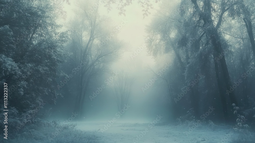 Obraz premium Reveling in New Year 2025 expressed in a soft, misty forest scene, featuring elegant, cursive letters in a pale, ghostly white.