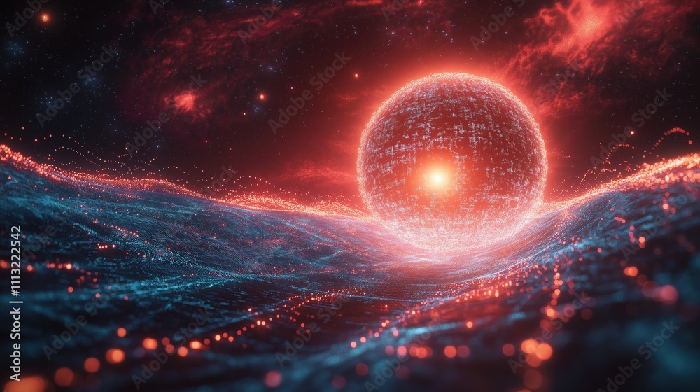 Obraz premium A red and blue planet with a glowing orb in the center