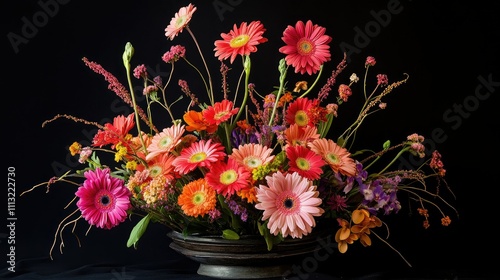 A serene floral arrangement of colorful gerbera daisies, bringing nature beauty and divine elegance to life in a radiant display. photo