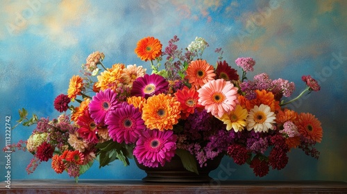 A serene floral arrangement of colorful gerbera daisies, bringing nature beauty and divine elegance to life in a radiant display. photo