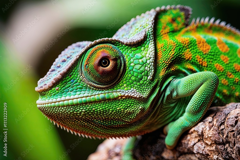 Fototapeta premium Stunning Macro Closeup of Vibrant Green Chameleon with Colorful Hues and Intricate Eye Detail