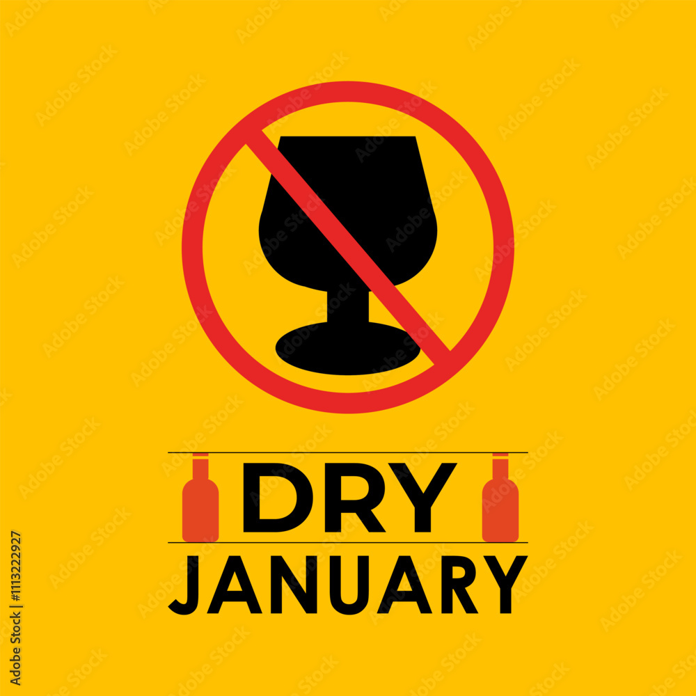 Vector graphic of Dry January, a challenge designed to encourage individuals to refrain from drinking alcohol during the entire month. Banner poster, flyer and background design template.