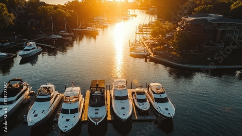 A stunning aerial shot of Traverse City Marina with several boats docked along the waterfront, capturing the scenic beauty of Michigan's lakeside harbor photo