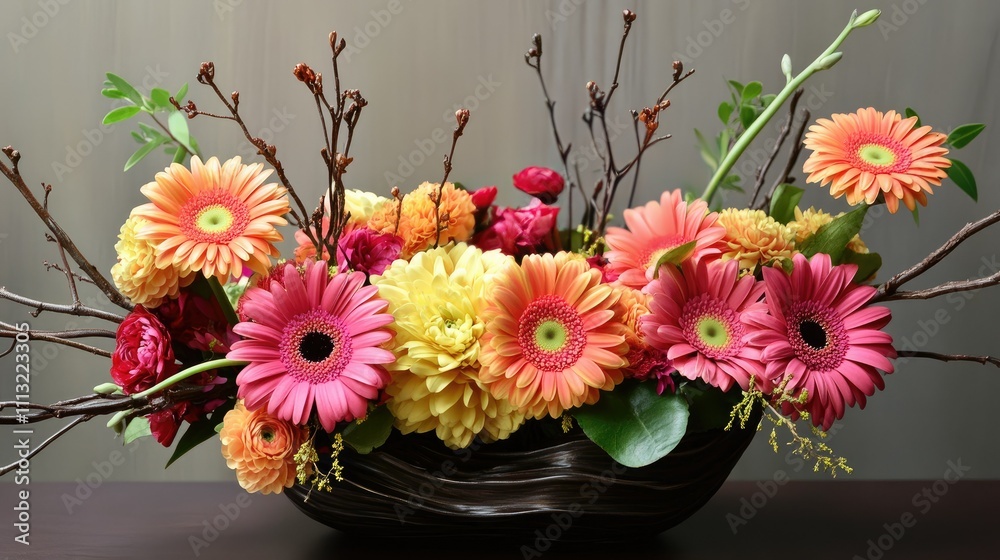 Obraz premium A stunning, vibrant display of colorful gerbera daisies in a beautiful arrangement, symbolizing grace, beauty, and the divine energy of nature.