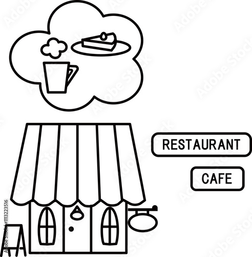 カフェの建物外観とコーヒー、チョコレートケーキの線のあるベクターイラスト