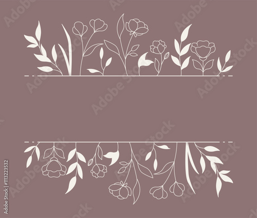 Decorative Floral Border Vector Design Images, Title Name Border flower Hand Draw Decoration, Name Border, leaf Hand Draw. flower frame with brown flowers. Hand drawn mono line floral background.