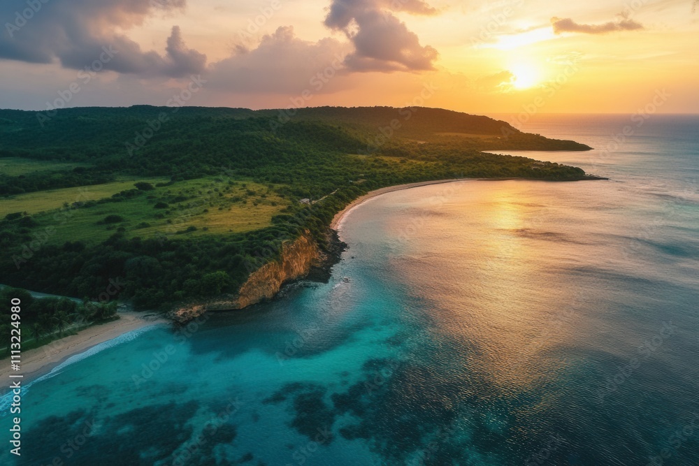 Fototapeta premium Aerial view of sunset over tropical coast, beach, and ocean.