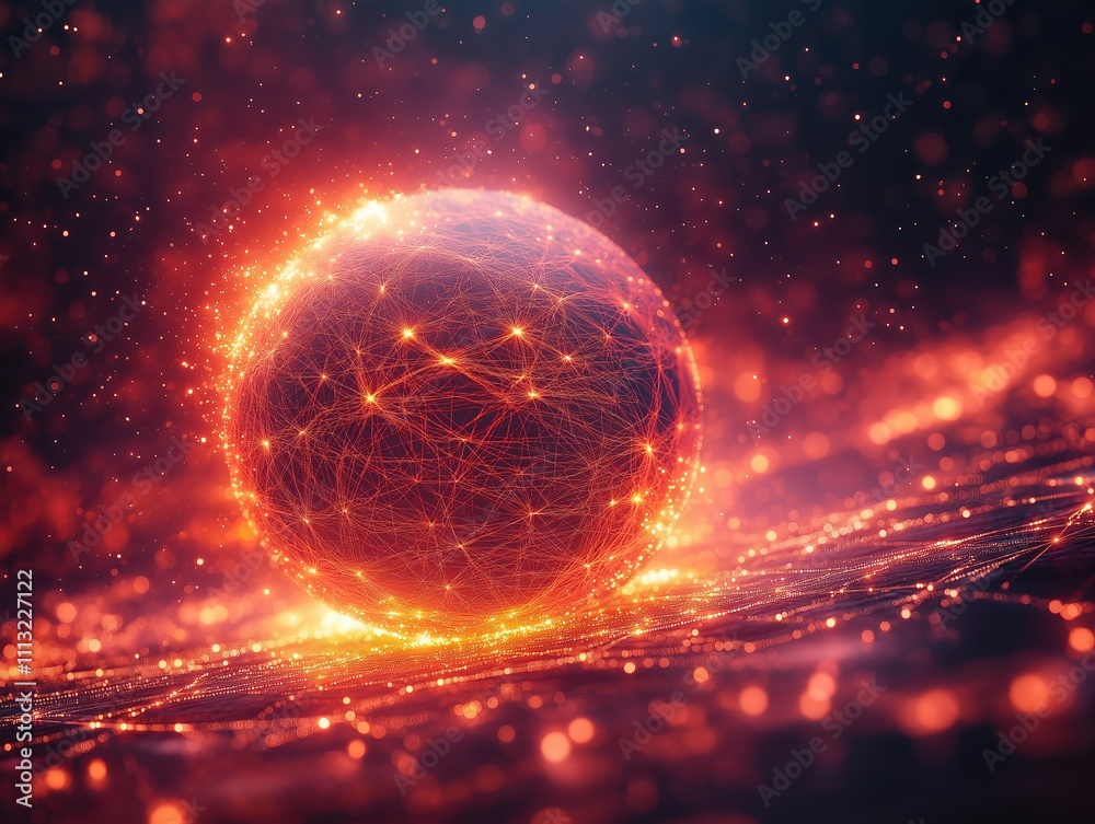 Fototapeta premium A glowing red ball is floating in a field of glowing red and orange particles