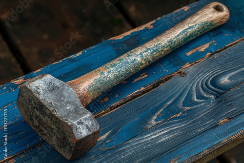 A beautifully aged hammer with a patinated metal head, resting on a blue-painted wooden board, creating a rustic and charming image. 32k, full ultra hd, high resolution - photo