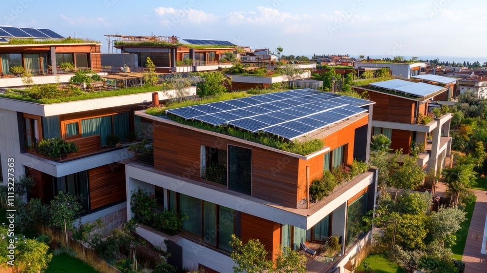 Fototapeta premium A panoramic view of a sustainable architecture project integrating solar panels and green roofs, Sustainable construction scene, Eco-friendly and innovative style