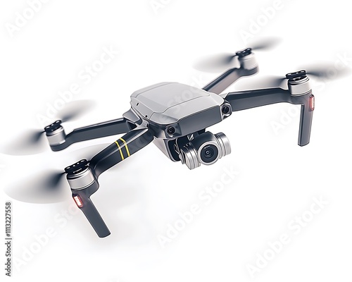 A drone in flight captured with ultra-crisp details and vibrant contrast, flying over a clean white background with perfect lighting and clarity. contrast, white background, well-lit, sharp, realistic photo