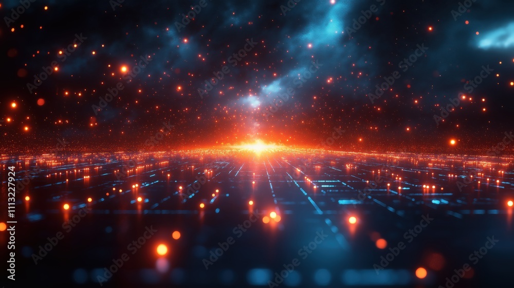 Obraz premium A bright orange star is shining in the middle of a dark blue sky