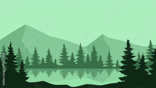 Landscape illustration of mountain with lake and coniferous trees