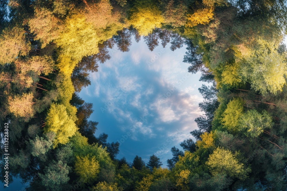 Fototapeta premium Autumn forest canopy creating a circular frame around a cloudy sky.