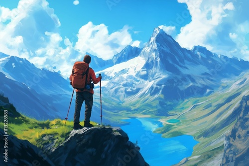 Hiker Admiring Majestic Mountain Landscape with Pristine Lake and Blue Sky