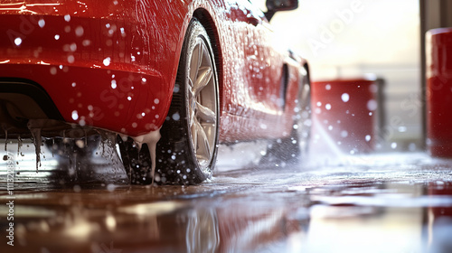 car being wash at carwash, background image for carwash promotion banner, close-up image with bubbles soap photo