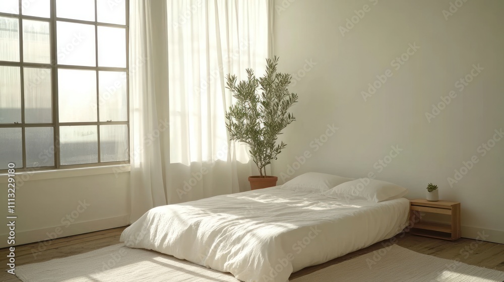 Fototapeta premium Minimalist Bedroom with White Bed Neutral Bedding and Wooden Nightstand with Potted Plant