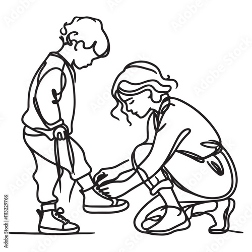 One continuous single drawing black line art doodle of a mother tying her child’s shoelaces, illustration on white background