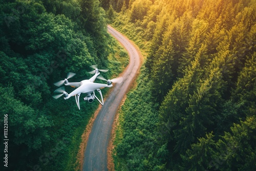 Drone flying above winding road through lush green forest at sunset. photo