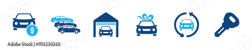 Set of glyph solid icons related car, automobile, rent, car repair. Perfect pixel on transparent background