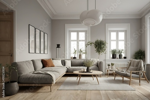 Modern minimalist living room with gray sectional sofa, wooden floor, and large windows.