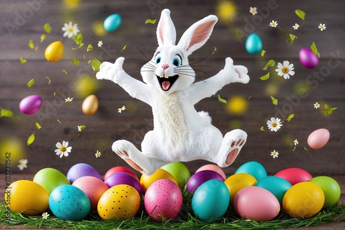 Joyful Easter Bunny Jumping Amidst Bright Colorful Eggs in Spring Festivities photo