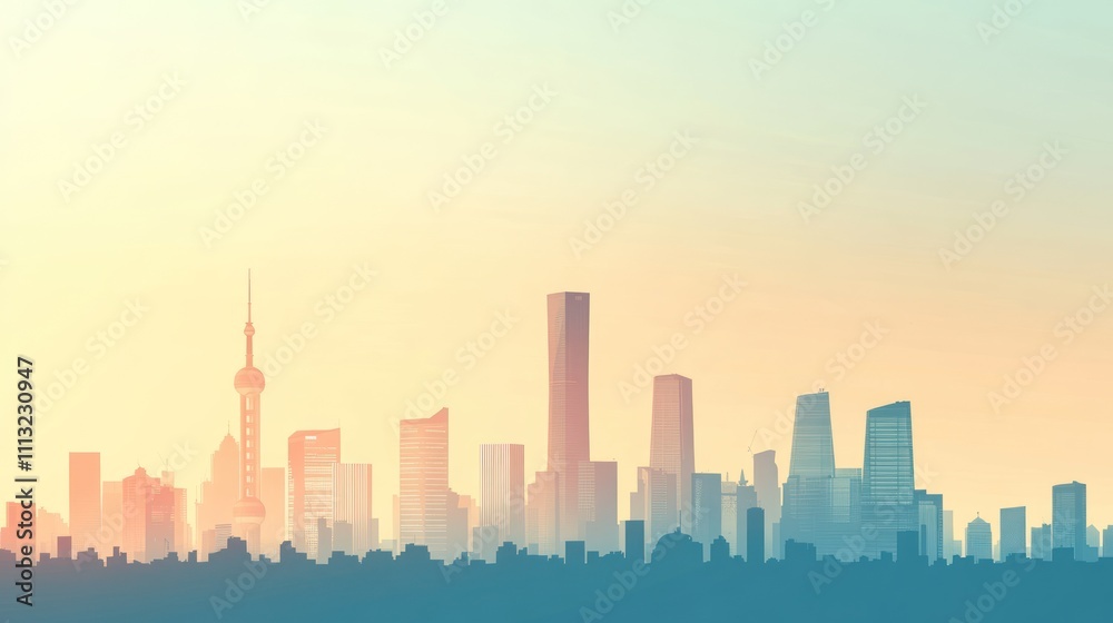 Fototapeta premium Simple Clean Background Faded Silhouette Skyscraper Clear Sky
