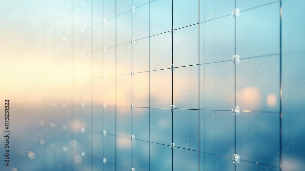 Fototapeta premium A glass window with a blue background and a city skyline in the distance