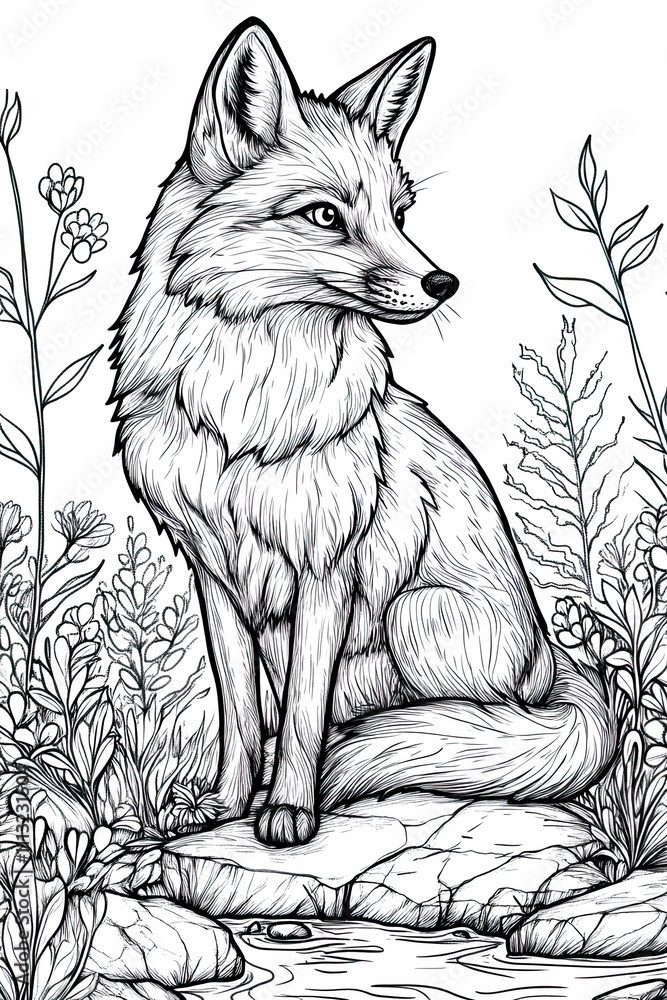 Obraz premium Coloring page featuring line art fox surrounded by stylized foliage