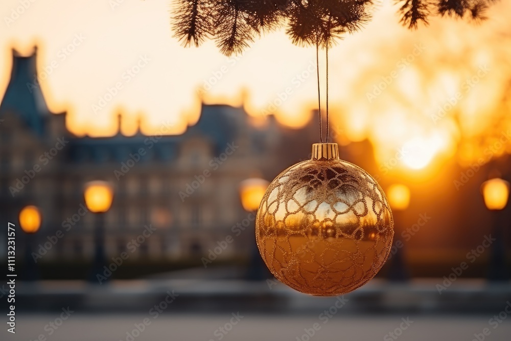 Obraz premium Golden Christmas ornament hanging from a pine branch outdoors at sunset with a blurred palace in the background.