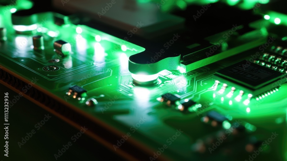 Fototapeta premium Glowing Green Circuit Board with Electronic Components and Lights